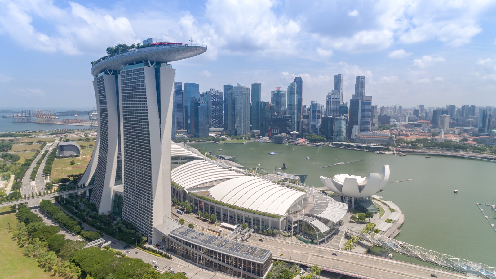 Aerial view of Marina Bay Sands and Singapore’s waterfront